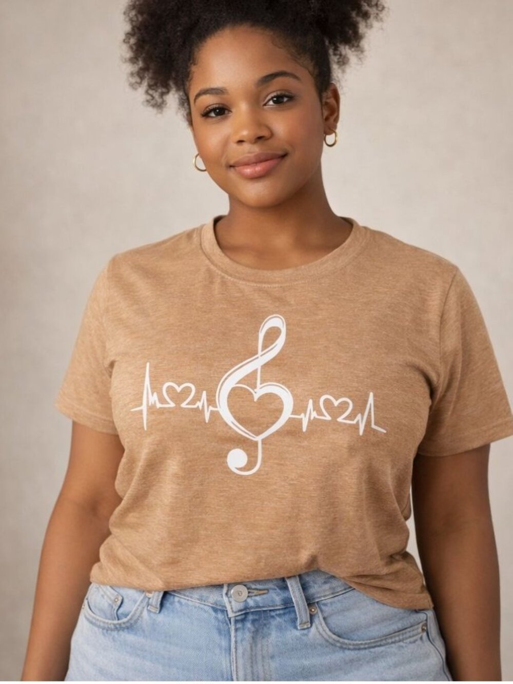 Music Heartbeat Treble Clef Tee Womens XL Tan Musiccore Casual Top